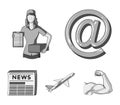 Email symbol, courier with parcel, postal airplane, pack of newspapers.Mail and postman set collection icons in