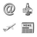 Email symbol, courier with parcel, postal airplane, pack of newspapers.Mail and postman set collection icons in