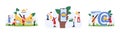 Email writing as master set, tiny people with big pen write lett