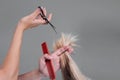 Emale hairdresser hold in hand between fingers lock of blonde hair, comb and scissors closeup. Image of hairdresser trimming ends