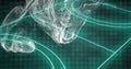 Emanating white particle cloud swirling over virtual grid, with teal-green rectangular shapes Royalty Free Stock Photo