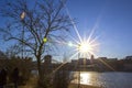 Sunset view over Danube river, passenger boat and Buda side of Budapest, Hungary Royalty Free Stock Photo