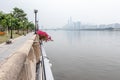 Embankment with flowers on the railing. Stone path along the river. Black lanterns, green trees, stone benches.