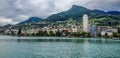 Embankment of Geneva Lake in Montreux, Swiss Riviera. Alps mountains on the background, Switzerland, Europe