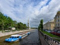 Embankment of the Krjukov canal with the belfry of St. Nicholas Cathedral. Saint Petersburg, Russia. Royalty Free Stock Photo