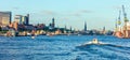 Embankment Landungsbrucken on the Elbe River with ships, boats and stops of river transport on pontoons, port area Hafen city. Ham Royalty Free Stock Photo