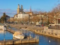Embankment of the Limmat river in the city of Zurich in the advent season Royalty Free Stock Photo