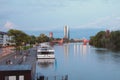 Embankment, mooring, river and bridge. Frankfurt am Main, Germany Royalty Free Stock Photo