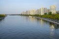 Embankment of Moscow river in Nagatinskiy Zaton District near park Kolomenskoye in Moscow