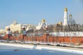 The embankment of the Moscow river, a view of the towers and churches on the territory of the Moscow Kremlin as a visiting card of