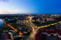 The embankment, the Neman river and the Old bridge in Grodno. Autumn ,evening, the city in the sunshine against a Royalty Free Stock Photo