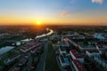 The embankment, the Neman river and the Old bridge in Grodno. Autumn ,evening, the city in the sunshine against a Royalty Free Stock Photo