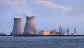 Embankment with nuclear power plant Doel during twilight, Port of Antwerp, Belgium Royalty Free Stock Photo