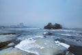 Embankment at the Obolon district in Kyiv, Ukraine. A dangerous hobby - winter fishing. Royalty Free Stock Photo