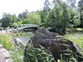 Embankment of pond with iris flowers, bridge, rock in park in Kotka, Finland