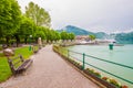 Embankment promenade at alpine lake Wolfgangsee, St. Gilgen, Austria