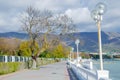 The embankment of the resort gelendzhik, you can see the asphalt path, lanterns, fencing and the sea