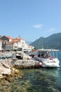 Embankment of the resort town of Perast, Adriatic Sea, Bay of Kotor, Montenegro, Europe. Royalty Free Stock Photo