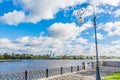 Embankment of the river Volga in Tver, Russia. View of the left Bank of the river. Picturesque clouds in the sky Royalty Free Stock Photo