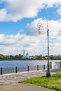 Embankment of the river Volga in Tver, Russia. View of the left Bank of the river. Picturesque clouds in the sky Royalty Free Stock Photo