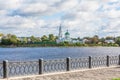 Embankment of the river Volga in Tver, Russia. View of the left Bank of the river. Picturesque clouds in the sky Royalty Free Stock Photo