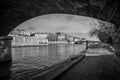 Embankment of the Seine at sunny autumn afternoon warm weather. BW photo. Paris. France