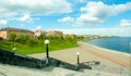 Embankment, steps, lanterns, buildings, sky, Volga River. Spring.