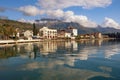 Embankment of Tivat city with Lovcen mountain in background.  Montenegro, Adriatic Sea, Bay of Kotor Royalty Free Stock Photo