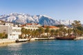 Embankment of Tivat city with Lovcen mountain in the background. Montenegro Royalty Free Stock Photo