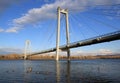 Embankment of the Yenisei River overlooking the cable-stayed bridge. Royalty Free Stock Photo