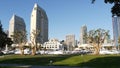 Embarcadero marina park, big coral trees near USS Midway and Convention Center, Seaport Village, San Diego, California USA. Luxury