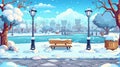 Embarcadment walkway background at cold season time with wooden benches, snowy trees and street lamps in a winter city Royalty Free Stock Photo