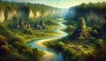 A river surrounded by ancient ruins, hidden in a dense jungle. Landscape, Nature Painting, Generative Ai