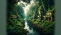 a river surrounded by ancient ruins, hidden in a dense jungle. landscape Background, Generative Ai