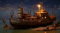 The rusted shipwreck ship in various lights and seasons.