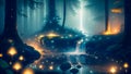 Mystical Waterfall: Enchanting Journey through a Misty Druid Forest with Fireflies and Lanterns