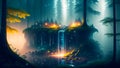 Mystical Waterfall: Enchanting Journey through a Misty Druid Forest with Fireflies and Lanterns