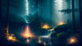 Mystical Waterfall: Enchanting Journey through a Misty Druid Forest with Fireflies and Lanterns