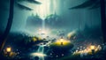 Mystical Waterfall: Enchanting Journey through a Misty Druid Forest with Fireflies and Lanterns