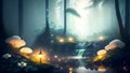 Mystical Waterfall: Enchanting Journey through a Misty Druid Forest with Fireflies and Lanterns