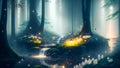 Mystical Waterfall: Enchanting Journey through a Misty Druid Forest with Fireflies and Lanterns