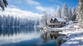 Serene Snowscape with a Cozy House Frozen Lake