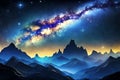 The Milky Way adorns the sky in cosmic hues at night nestled among majestic mountains