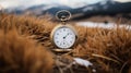 The Symbolism of an Antique Pocket Watch in a Serene White Landscape Royalty Free Stock Photo