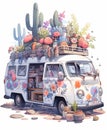 Whimsical Car Garden: Cartoon and Hyper-Realistic Blend of Cactus in Broken Boho Car
