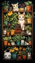 Embark on a delightful journey through four tiles of a cute comic featuring a mischievous cat hiding in a plant. Ceated with