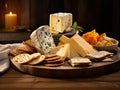 cheeses and crisp crackers in a rustic basket