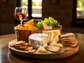 cheeses and crisp crackers in a rustic basket