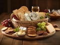 cheeses and crisp crackers in a rustic basket