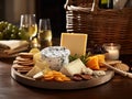 cheeses and crisp crackers in a rustic basket